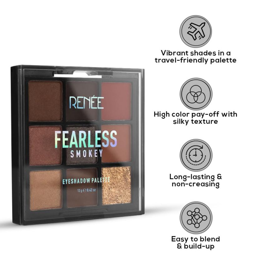 RENEE Fearless Eyeshadow Palettes - Smokey, Highly Pigmented, Shimmery & Matte Vibrant Shades, Silky Texture, Long Lasting, Non-Creasing, Easy-To-Blend & Build Up for Eye-Catching Glamorous Look 12 Gm