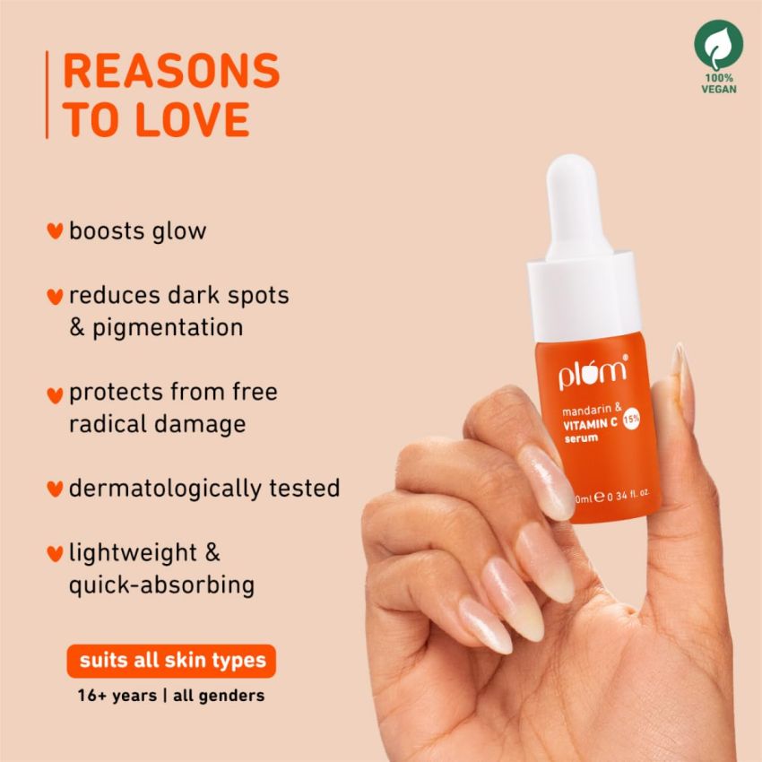Plum 15% Vitamin C Serum for Glowing Skin | for Oily, Dry & Combination Skin | Reduce Pigmentation & Dark Spot |with Mandarin | Non-Irritating, Hydrating & Soothing | Face Serum for Men & Women | 10ml