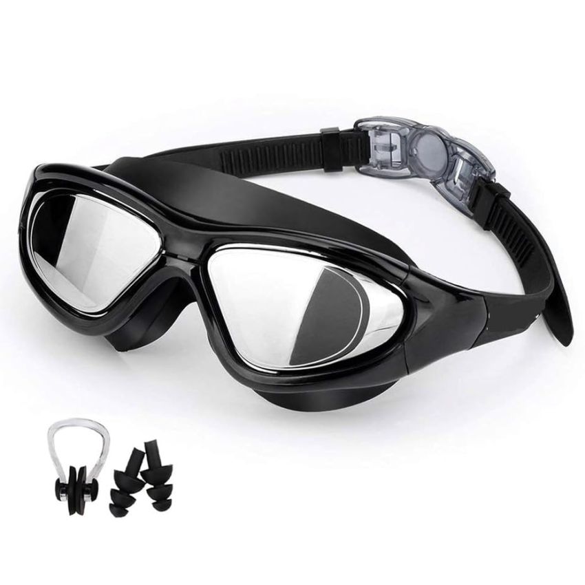 Cable World® Big Frame Competition Swim Goggles with Free Protective Case Pro Anti fog Protection Clear Anti-UV Swimming Goggles with Adjustable Strap, Free Ear Plugs and Nose Cap