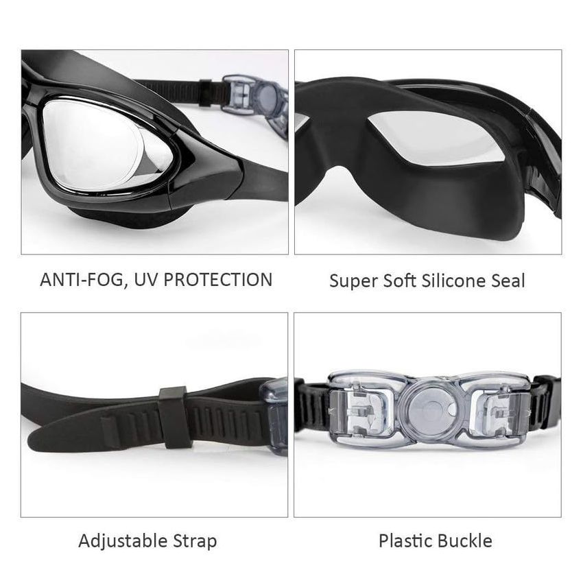 Cable World® Big Frame Competition Swim Goggles with Free Protective Case Pro Anti fog Protection Clear Anti-UV Swimming Goggles with Adjustable Strap, Free Ear Plugs and Nose Cap