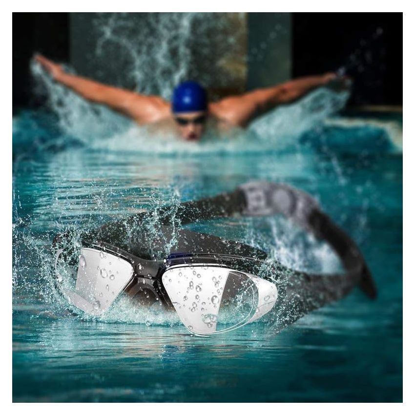 Cable World® Big Frame Competition Swim Goggles with Free Protective Case Pro Anti fog Protection Clear Anti-UV Swimming Goggles with Adjustable Strap, Free Ear Plugs and Nose Cap