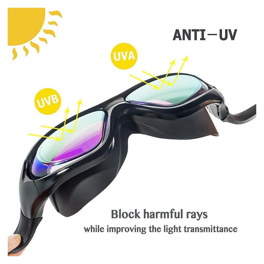 Cable World® Big Frame Competition Swim Goggles with Free Protective Case Pro Anti fog Protection Clear Anti-UV Swimming Goggles with Adjustable Strap, Free Ear Plugs and Nose Cap