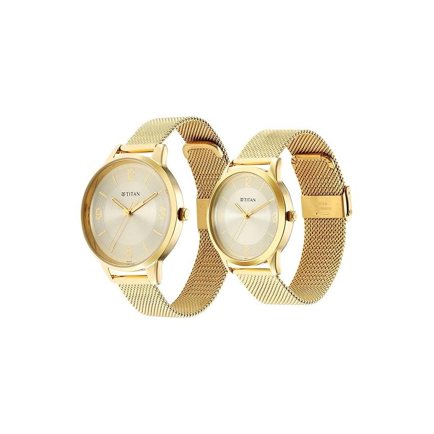 Titan Men Stainless Steel Analog Gold Dial Watch-18062648Ym01, Band Color-Gold