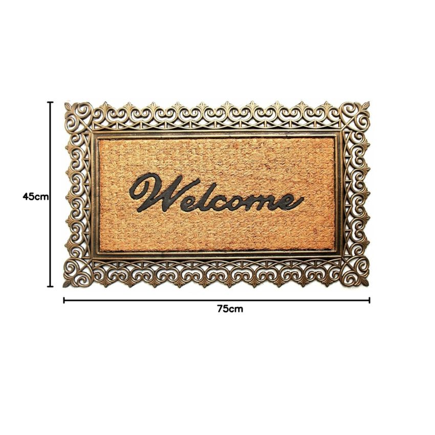 Onlymat Natural Coir Black & Gold Welcome Printed Doormat with Attractive Designed Border Long-Lasting, Heavy Duty, Large & Thick Entryway Rug for Indoor & Covered Door Entrances (75 cm x 45 cm)