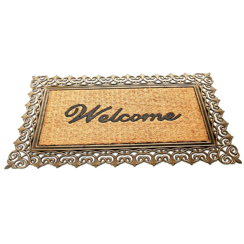 Onlymat Natural Coir Black & Gold Welcome Printed Doormat with Attractive Designed Border Long-Lasting, Heavy Duty, Large & Thick Entryway Rug for Indoor & Covered Door Entrances (75 cm x 45 cm)