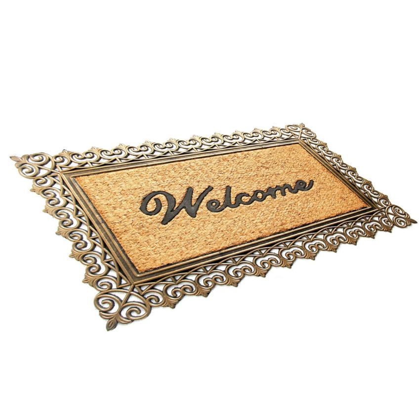 Onlymat Natural Coir Black & Gold Welcome Printed Doormat with Attractive Designed Border Long-Lasting, Heavy Duty, Large & Thick Entryway Rug for Indoor & Covered Door Entrances (75 cm x 45 cm)