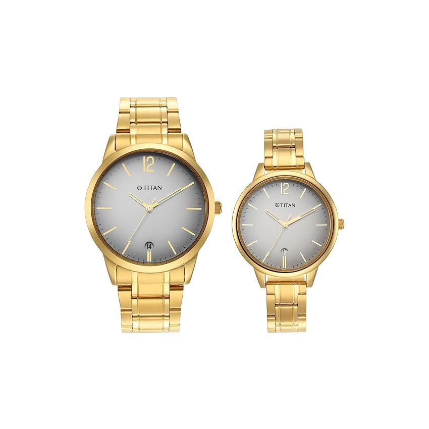 Titan Men Stainless Steel Analog Gray Dial Watch-18062617Ym01, Band Color-Gold