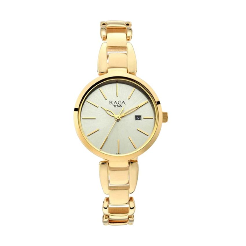 Titan Raga Viva Golden Dial Analog with Date Metal Strap Watch for Women-NS2642YM01