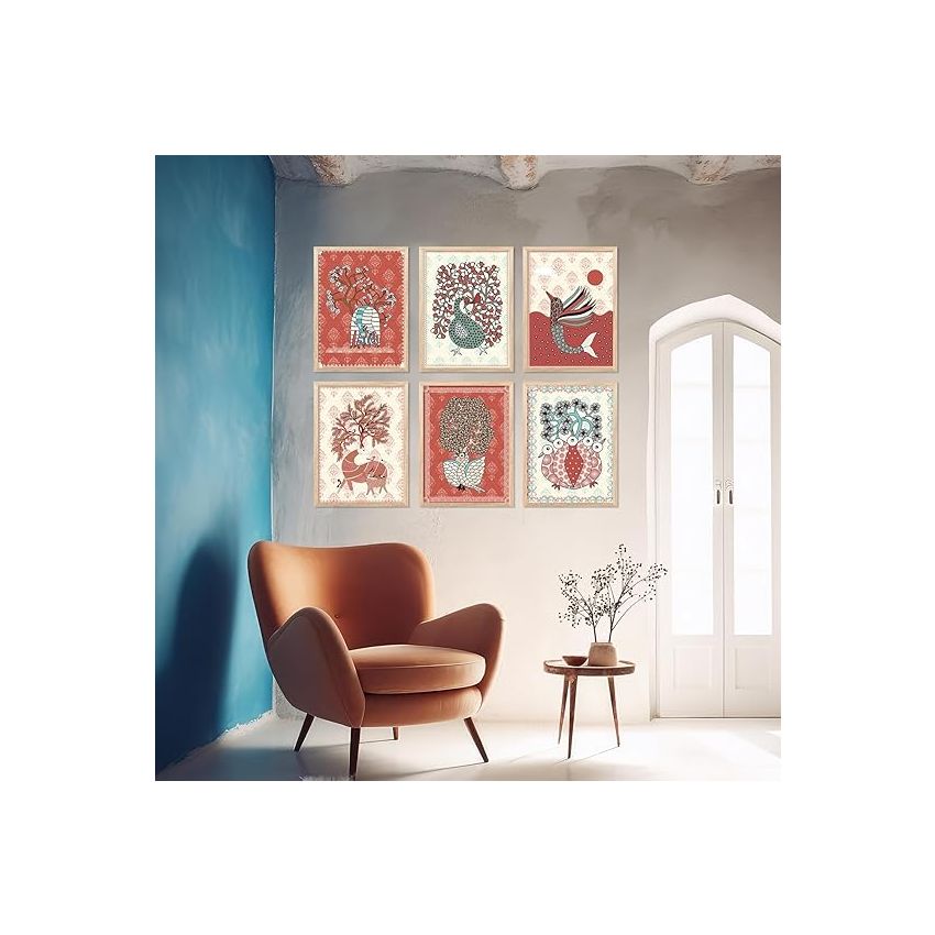 kotart Gond wall Art Paintings with Frame for Home Decoration - Painting for Wall Decoration - Traditional Framed Painting for Living Room Bedroom Office Decor - (13x17 inch, I) Pake Of 6