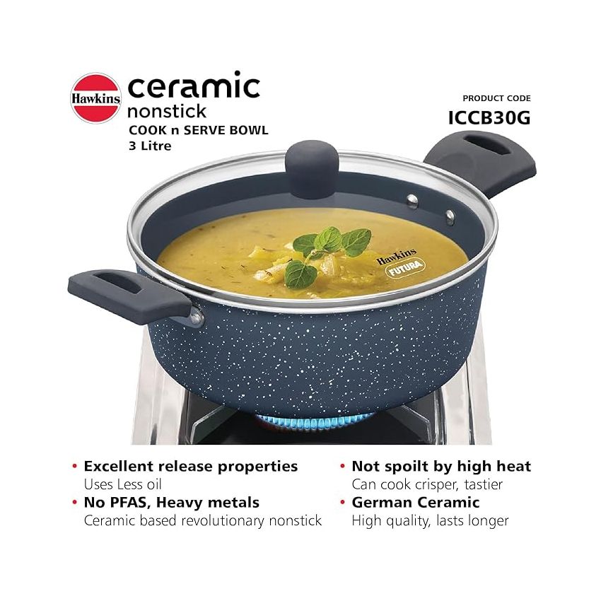 Hawkins Ceramic Nonstick Cook n Serve Bowl with Glass Lid, 3 Litre, Induction Pot, Granite Casserole (ICCB30G)