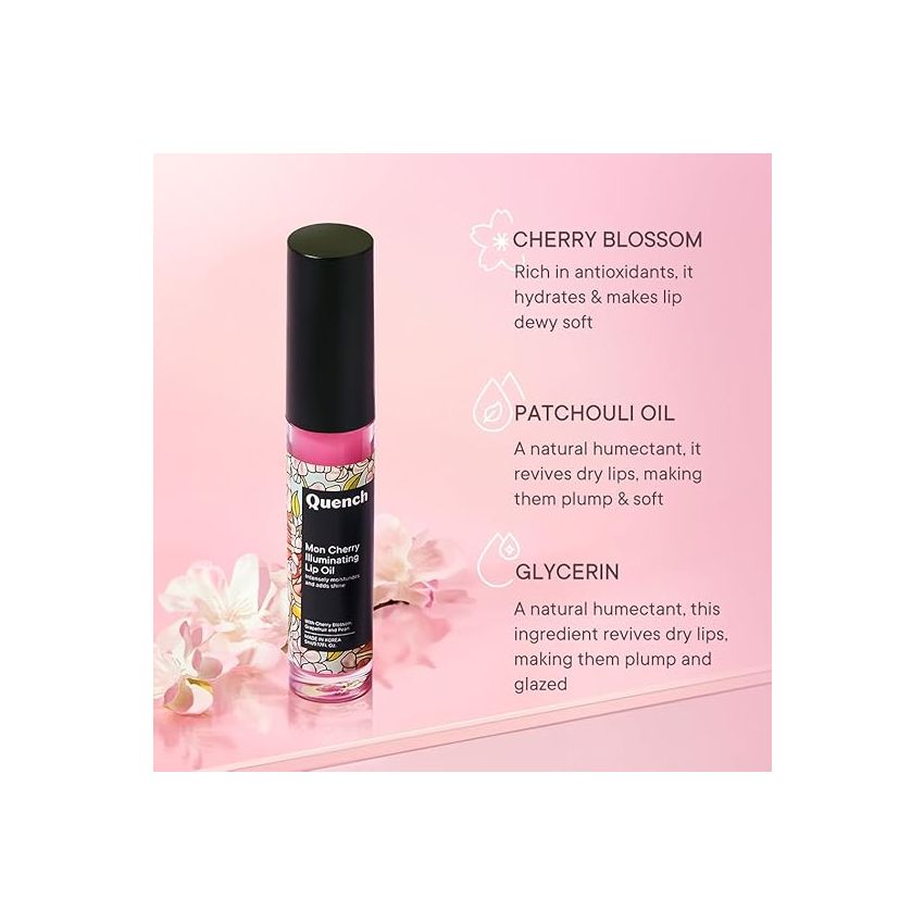 Quench Illuminating Lip Oil with Cherry Blossom & Patchouli Oil (Pink), Korean Lip Oil for Plump, Glossy & Smooth Lips, Non-Sticky, Non-Greasy, Made in Korea (5ml)