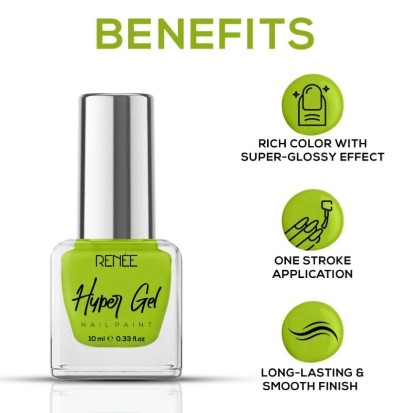 RENEE Hyper Gel Nail Paint- Lime Green 10ml | Quick Drying, Glossy Finish, Long Lasting, Chip resisting Formula with High Shine Polish | Acetone & Paraben Free