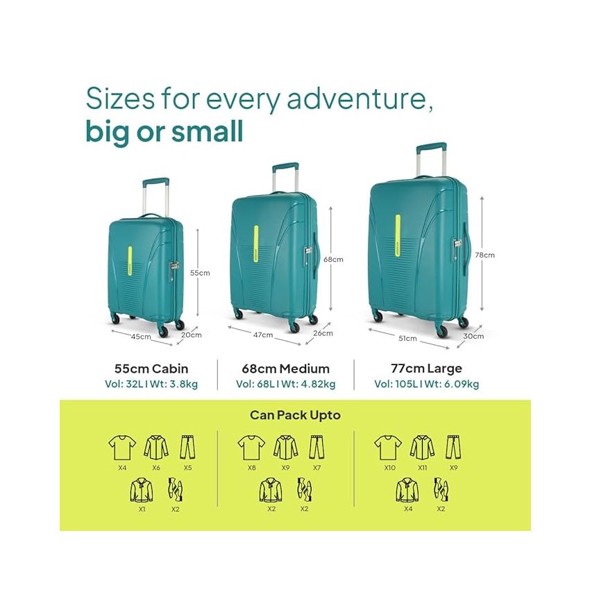 American Tourister Ivy 3 Pc Set 55 Cms, 68 Cms & 77 Cms Small, Medium & Large Polypropylene (PP) Hard Sided 4 Spinner Wheels Luggage/Trolley Bag with TSA Lock (Sea Green)