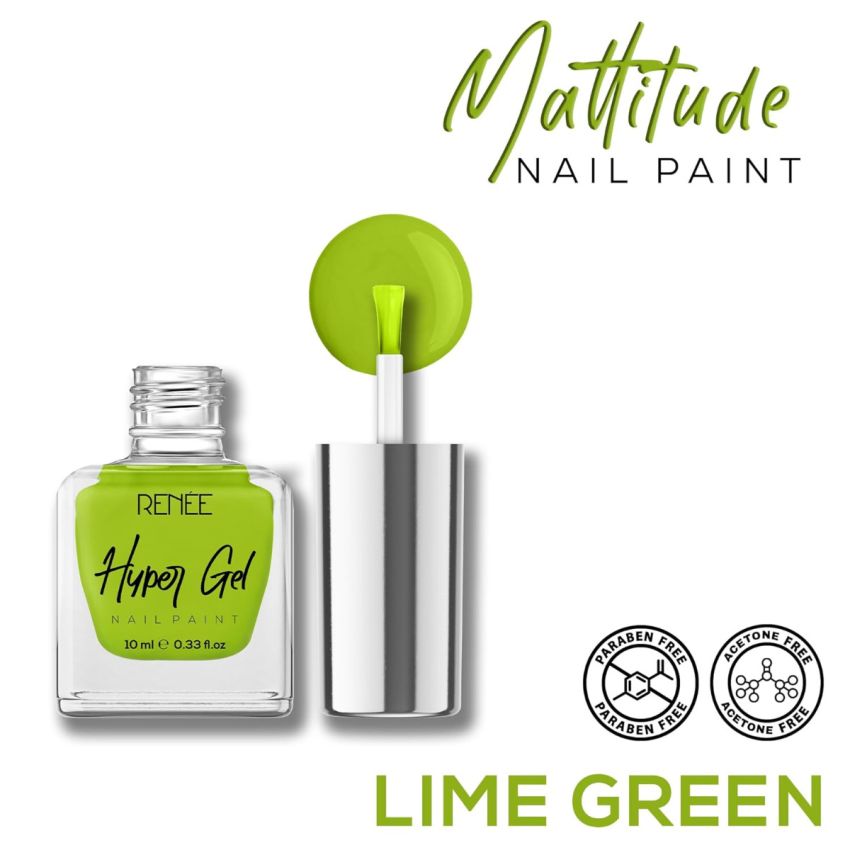 RENEE Hyper Gel Nail Paint- Lime Green 10ml | Quick Drying, Glossy Finish, Long Lasting, Chip resisting Formula with High Shine Polish | Acetone & Paraben Free