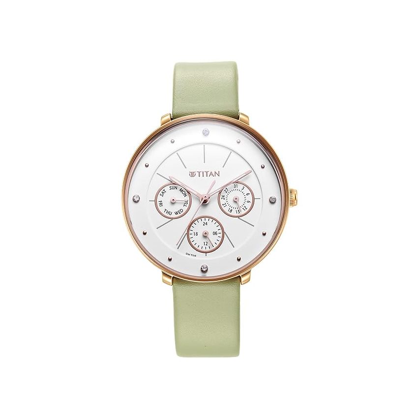 Titan Neo Quartz Multifunction White Dial Leather Strap Watch for Women-NS2651WL09