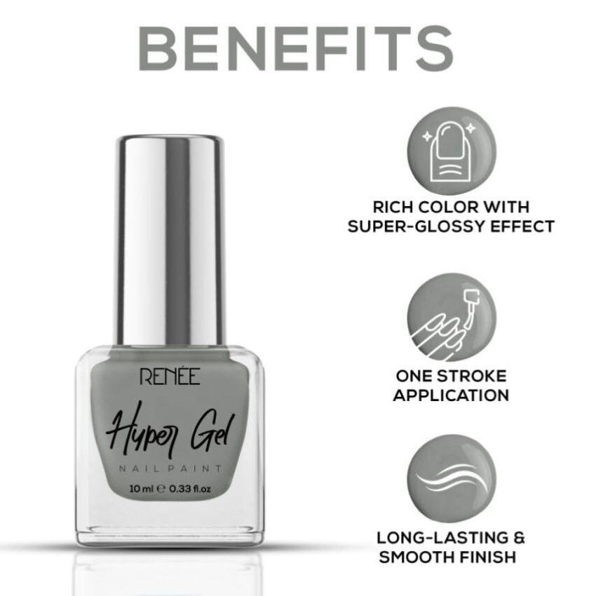 RENEE Hyper Gel Nail Paint- Sage Grey 10ml | Quick Drying, Glossy Finish, Long Lasting, Chip resisting Formula with High Shine Polish | Acetone & Paraben Free 