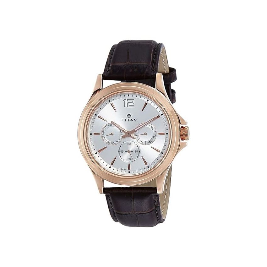 Titan Quartz Multifunction White Dial Leather Strap Watch for Men-NS1698WL01/NT1698WL01