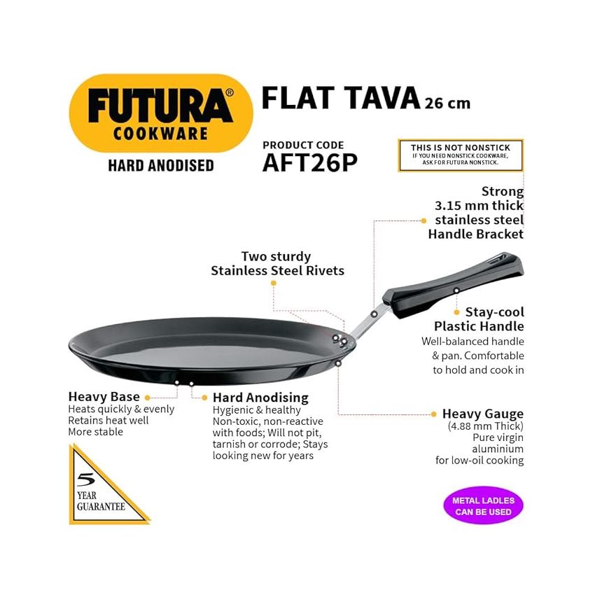 Futura Hard Anodised Flat Tava 26 cm, 4.88 mm with Plastic Handle