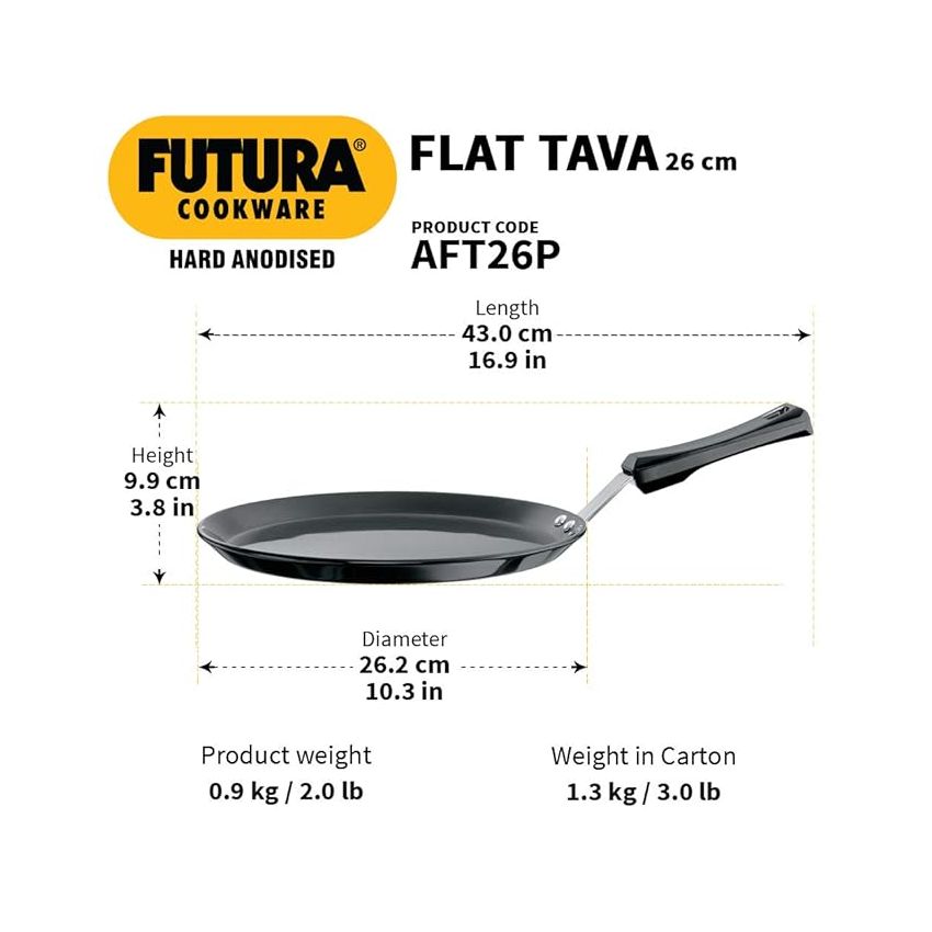 Futura Hard Anodised Flat Tava 26 cm, 4.88 mm with Plastic Handle