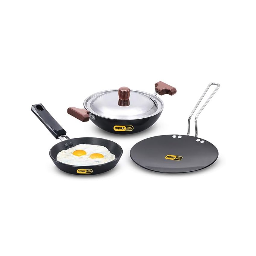 Hawkins Futura 3 Pieces Cookware Gift Set - Hard Anodised Tava, Frying Pan and Kadhai with Stainless Steel Lid, Black (24HAGP)