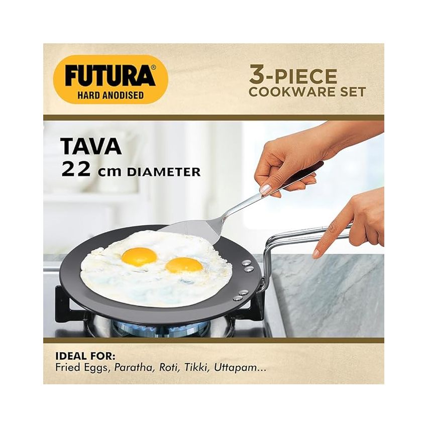 Hawkins Futura 3 Pieces Cookware Gift Set - Hard Anodised Tava, Frying Pan and Kadhai with Stainless Steel Lid, Black (24HAGP)