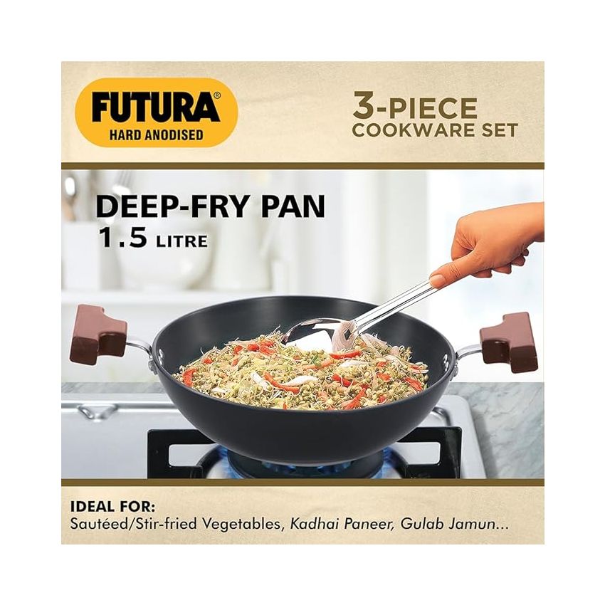 Hawkins Futura 3 Pieces Cookware Gift Set - Hard Anodised Tava, Frying Pan and Kadhai with Stainless Steel Lid, Black (24HAGP)