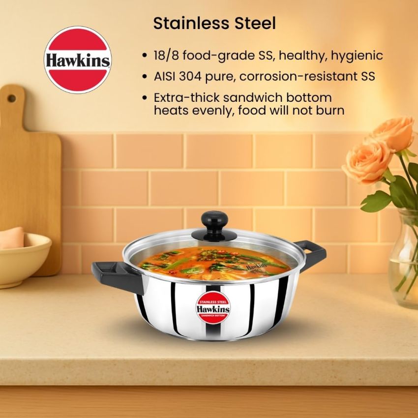 Hawkins 2 Litre Cook n Serve Casserole, Stainless Steel Saucepan with Glass Lid, Induction Pan, Sauce Pan for Cooking and Serving, Black (SSCB20G)