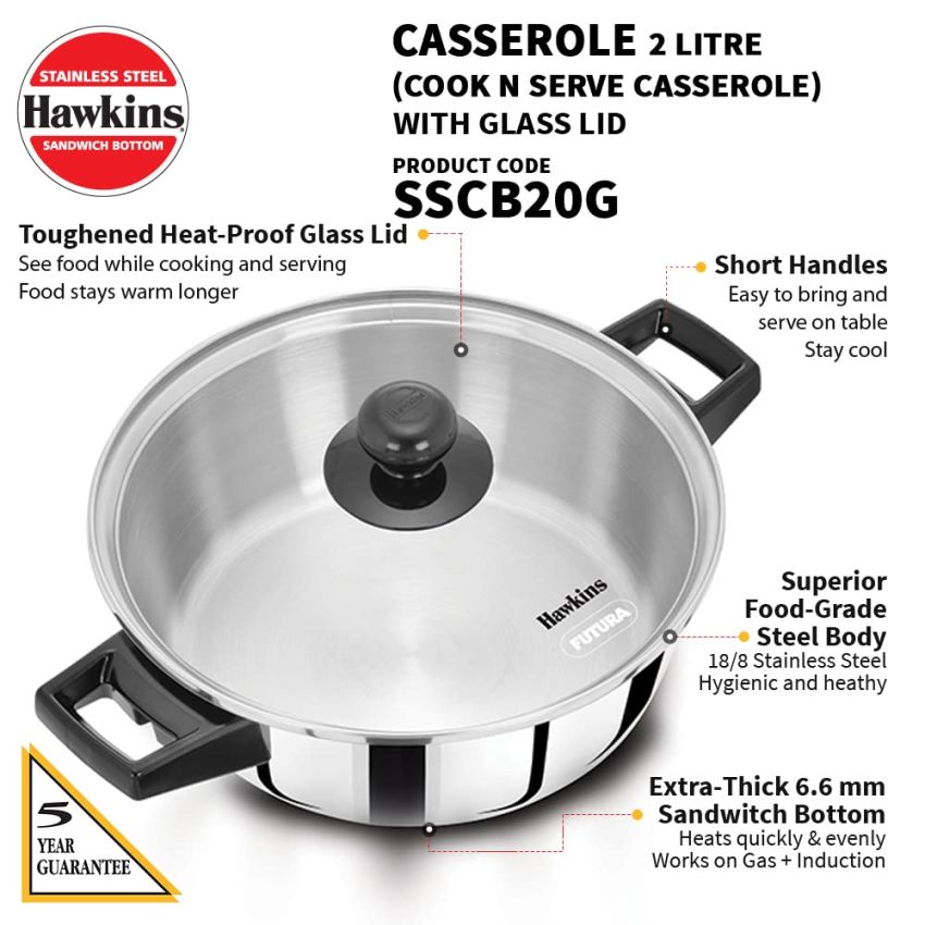 Hawkins 2 Litre Cook n Serve Casserole, Stainless Steel Saucepan with Glass Lid, Induction Pan, Sauce Pan for Cooking and Serving, Black (SSCB20G)