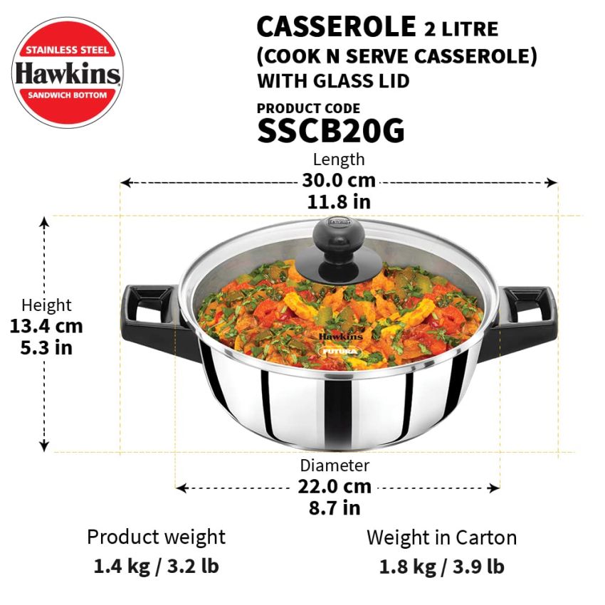 Hawkins 2 Litre Cook n Serve Casserole, Stainless Steel Saucepan with Glass Lid, Induction Pan, Sauce Pan for Cooking and Serving, Black (SSCB20G)