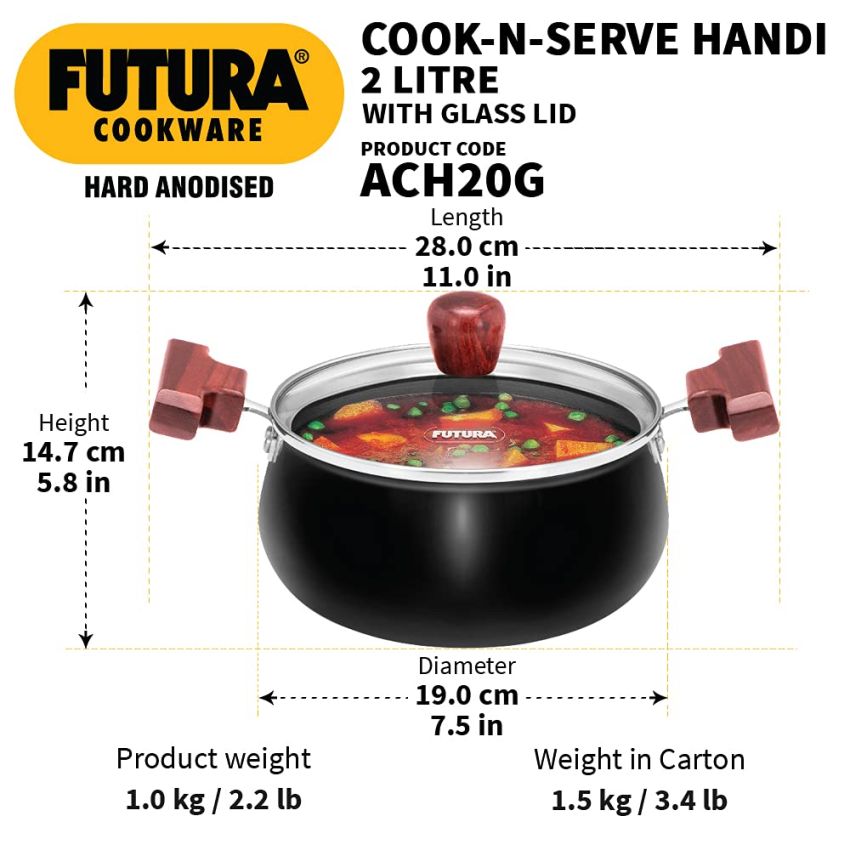 Hawkins Futura 2 Litre Cook n Serve Handi, Hard Anodised Biryani Handi with Glass Lid, Saucepan, Sauce Pan, Black (ACH20G) |Non-Stick