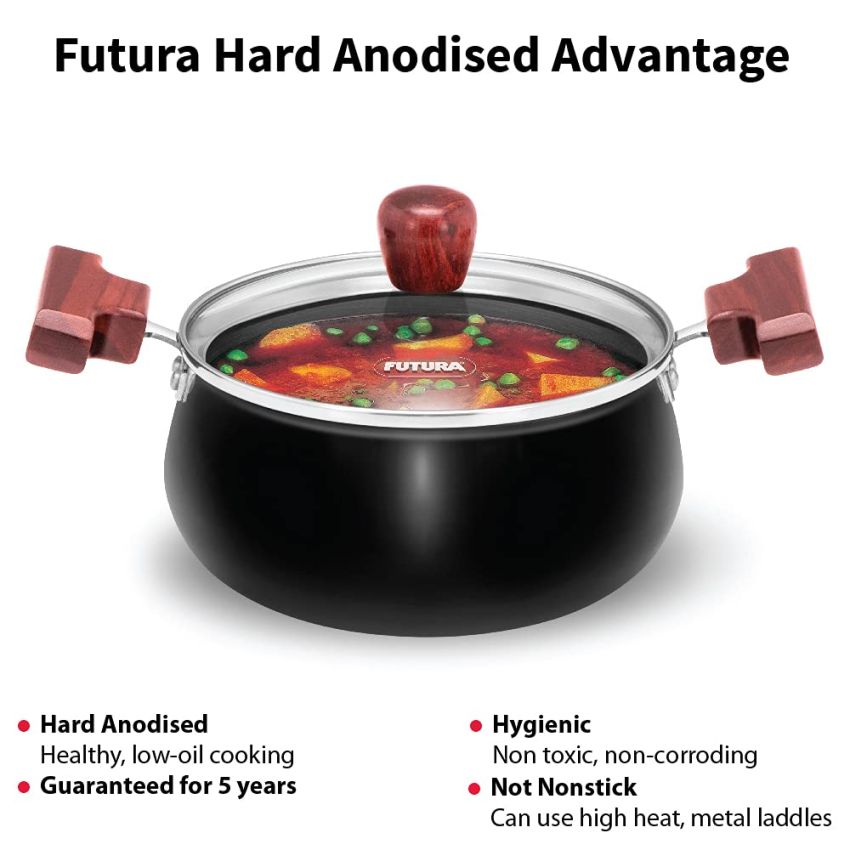 Hawkins Futura 2 Litre Cook n Serve Handi, Hard Anodised Biryani Handi with Glass Lid, Saucepan, Sauce Pan, Black (ACH20G) |Non-Stick