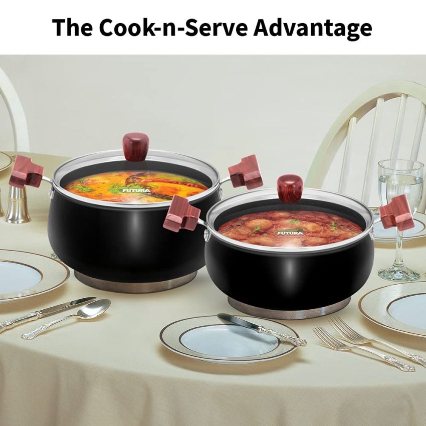 Hawkins Futura 2 Litre Cook n Serve Handi, Hard Anodised Biryani Handi with Glass Lid, Saucepan, Sauce Pan, Black (ACH20G) |Non-Stick