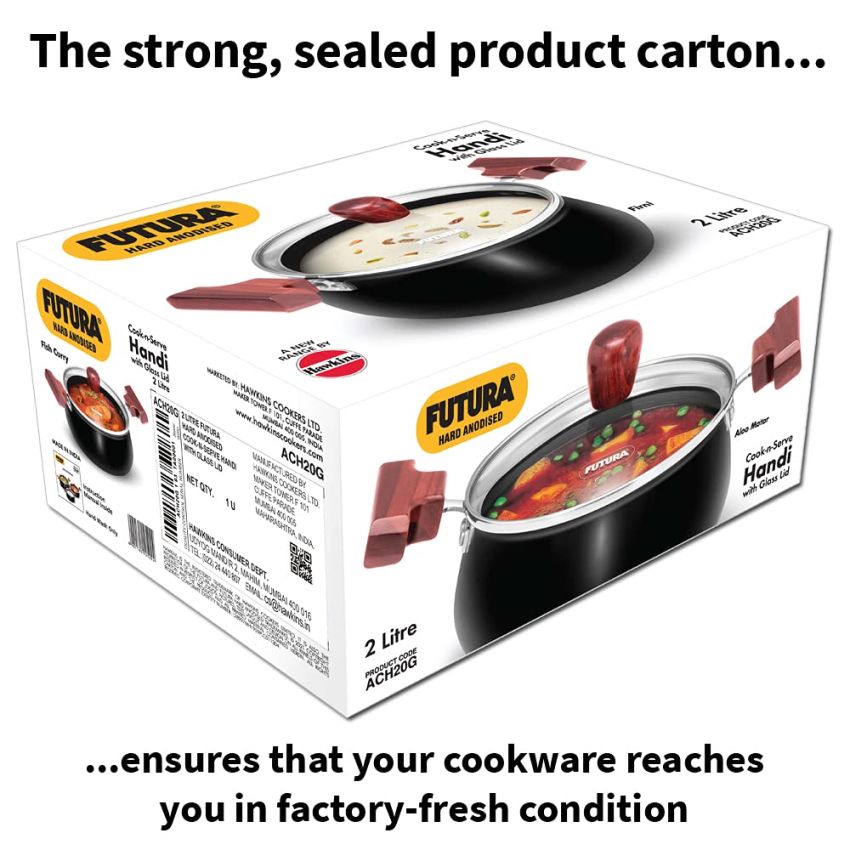 Hawkins Futura 2 Litre Cook n Serve Handi, Hard Anodised Biryani Handi with Glass Lid, Saucepan, Sauce Pan, Black (ACH20G) |Non-Stick