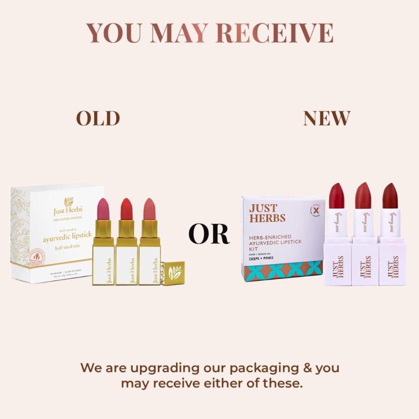 Just Herbs Ayurvedic Creamy Matte Half-Size Lipstick Kit - Peachy Pink Coral & 1.8gm x 3