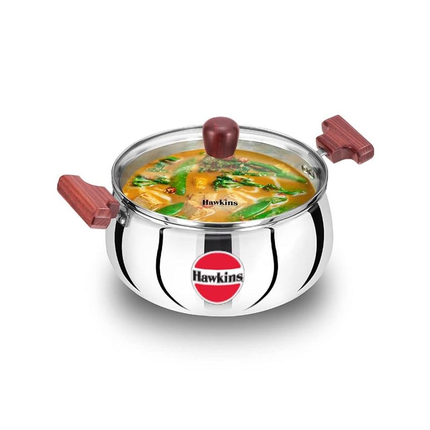 Hawkins 4 Litre Cook n Serve Handi, Triply Stainless Steel Handi with Glass Lid, Induction Sauce Pan, Biryani Handi, Saucepan, Silver (SSH40G)