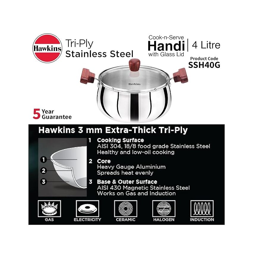 Hawkins 4 Litre Cook n Serve Handi, Triply Stainless Steel Handi with Glass Lid, Induction Sauce Pan, Biryani Handi, Saucepan, Silver (SSH40G)
