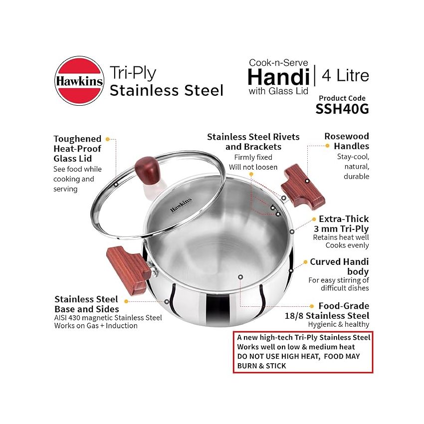 Hawkins 4 Litre Cook n Serve Handi, Triply Stainless Steel Handi with Glass Lid, Induction Sauce Pan, Biryani Handi, Saucepan, Silver (SSH40G)
