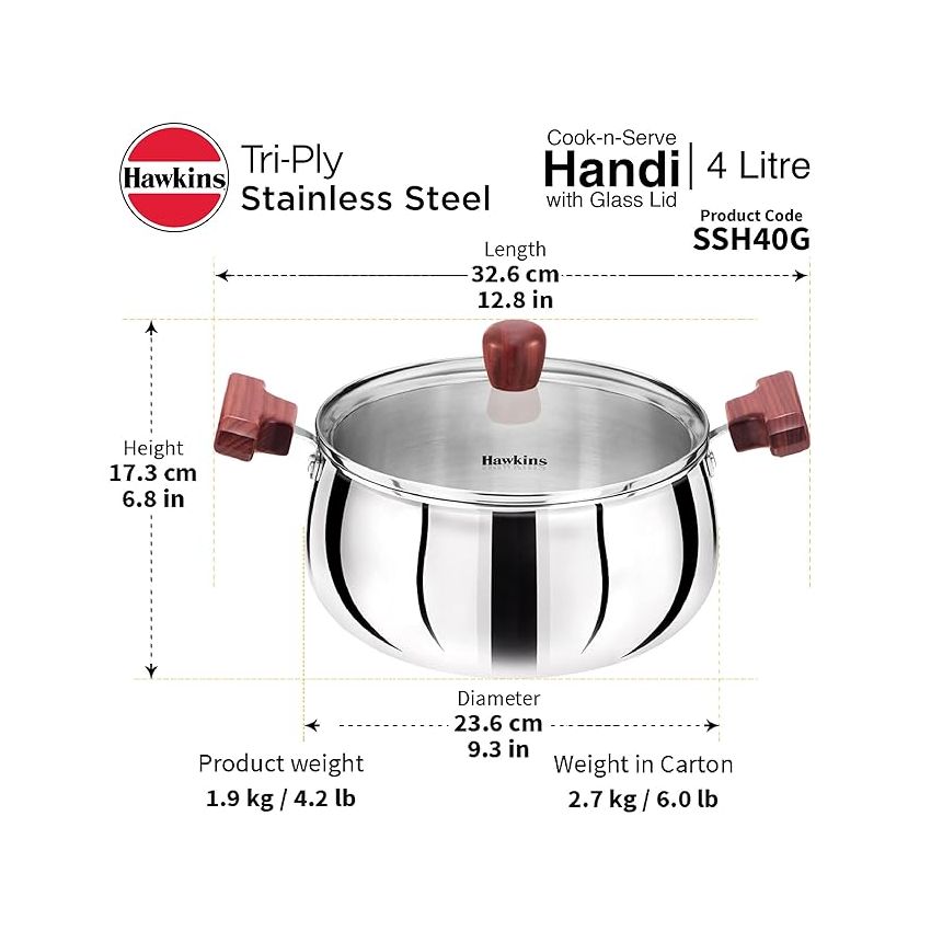Hawkins 4 Litre Cook n Serve Handi, Triply Stainless Steel Handi with Glass Lid, Induction Sauce Pan, Biryani Handi, Saucepan, Silver (SSH40G)