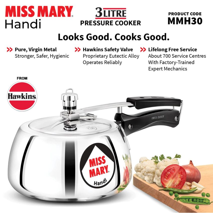 Hawkins Miss Mary Aluminium Inner Lid Handi Pressure Cooker, 3 Litre And 5 Litre, Combo Set, Silver, 3 Liter