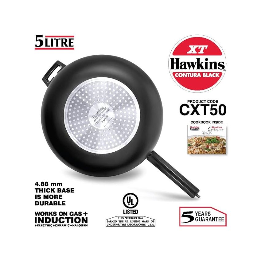 Hawkins 5 Litre Contura Black XT Pressure Cooker, Hard Anodised Inner Lid Cooker, Induction Cooker, Handi Cooker, Black (CXT50)