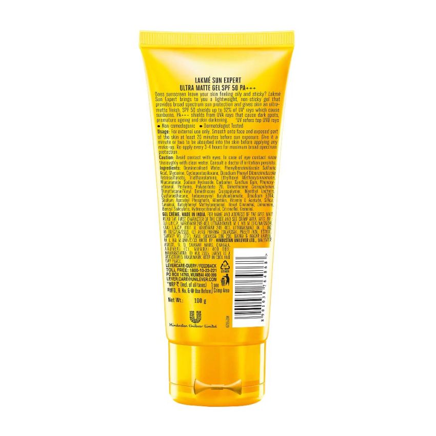 Lakme Sun Expert, SPF 50 PA+++ Ultra Matte Gel Sunscreen, 100ml, for Sun Protection, with Vitamin B3, C & E, Blocks upto 97% of Harmful UVB Rays, Lightweight and Non-Sticky, For Men & Women