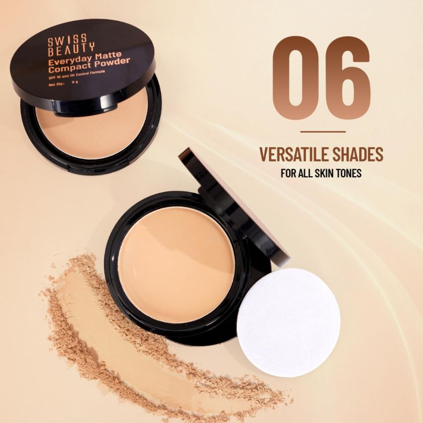 SWISS BEAUTY Everyday Matte Lightweight Compact For All Skin Types With Spf 10 | 12 Hours Of Oil Control | Mattifies Pores And Fine Lines | Comes With Sponge Applicator | Shade- Hazel, 9 Gram,Beige