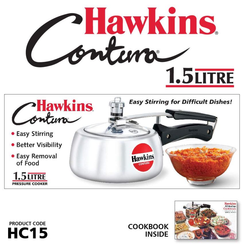Hawkins Aluminium 1.5 Litre Contura Pressure Cooker, Handi Inner Lid Cooker, Silver (Hc15)