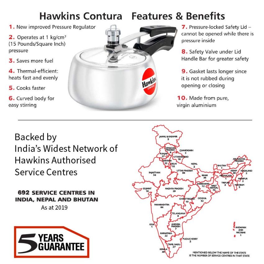 Hawkins Aluminium 1.5 Litre Contura Pressure Cooker, Handi Inner Lid Cooker, Silver (Hc15)
