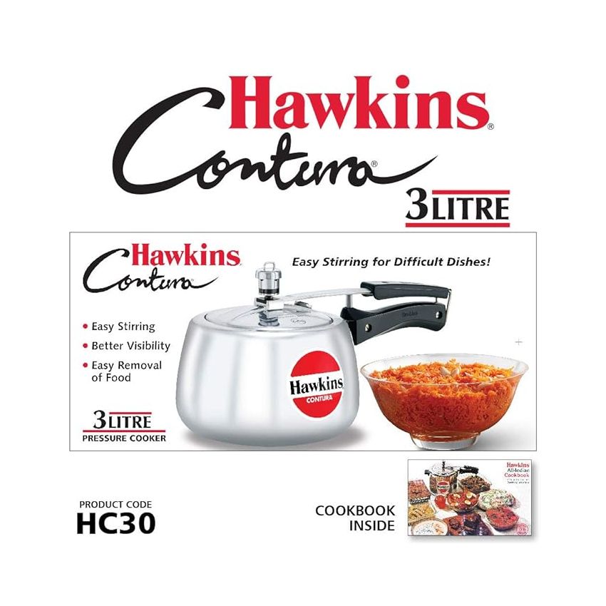 Hawkins Aluminium 3 Litre Contura Pressure Cooker,Handi Inner Lid Cooker,Silver(Hc30)
