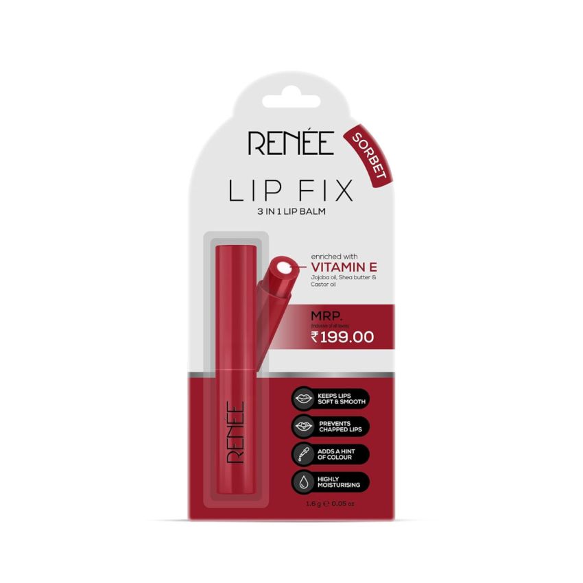 RENEE Lip Fix 3 in 1 Tinted Lip Balm 01 Sorbet 1.6 Gm, Heals, Lightens & Nourishes | Dual Core Care Enriched with Vitamin E, Shea Butter & Jojoba Oil for Dry & Chapped Dry Lips