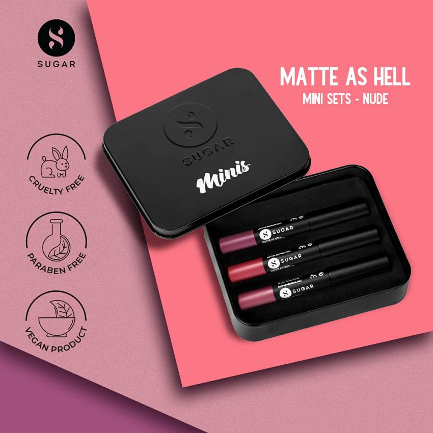 SUGAR Cosmetics Matte As Hell Mini Crayon Lipstick Sets - Nude Shades (Gift Set for her | Pack of 3)