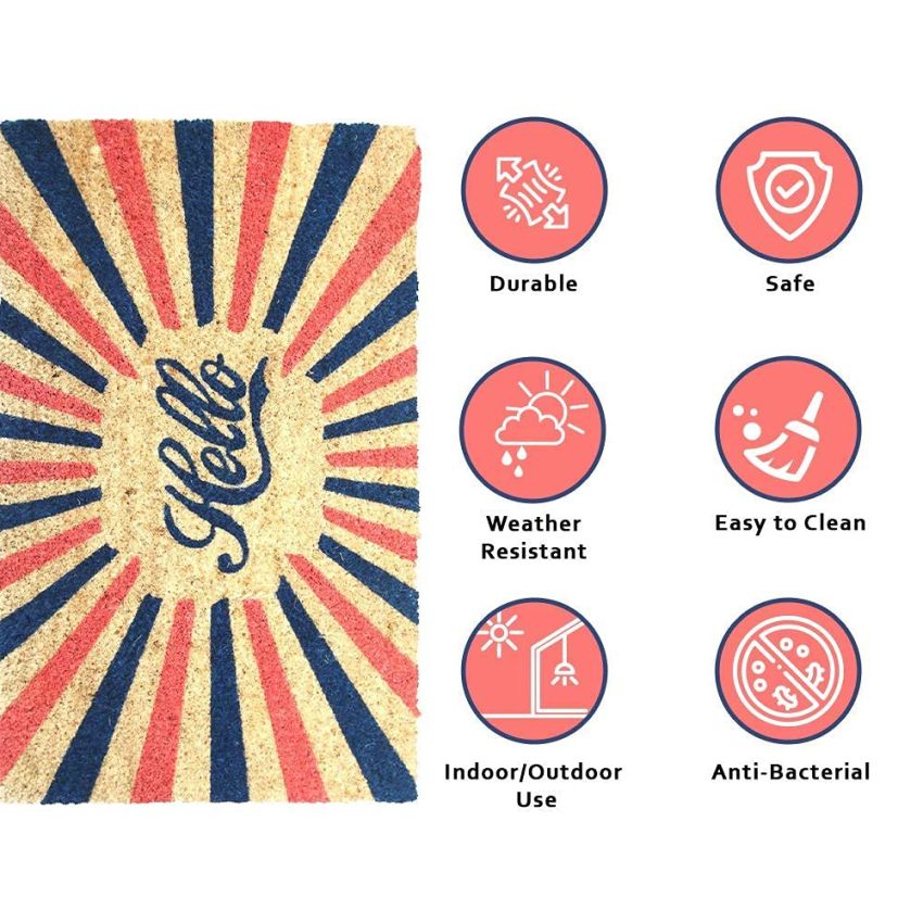 Onlymat Hello Coir Doormat, Multi-Colour, Hard, Eco-Friendly, Thick Material Rug with PVC Backing for Entrance (45 x 75 cm)