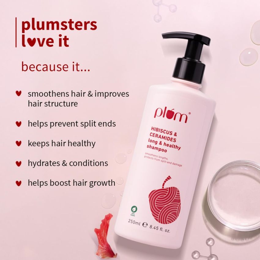 Plum Hibiscus & Ceramides Shampoo for Hair Growth | Provides Silky, Smooth & Long Hair | Repair Split End | Paraben Free shampoo for Women & Men | for All Hair Types | Safe for Daily Use | 250ml