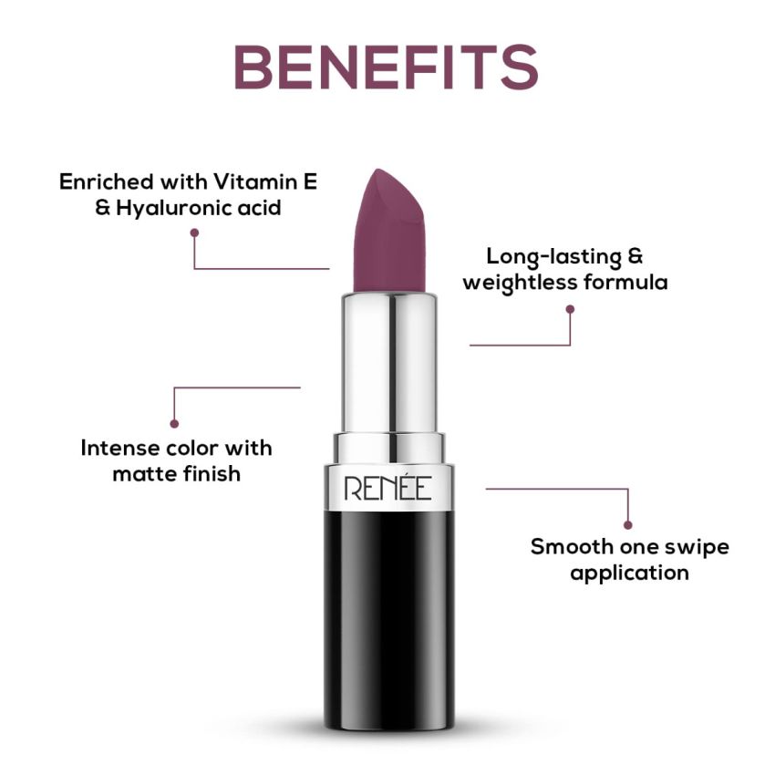 RENEE Stunner Matte Lipstick - Your Highness 4gm - Intense Color Pay Off, Full Coverage Long Lasting Weightless Velvety Formula with One Swipe Application - Enriched with Vitamin E & Hyaluronic Acid